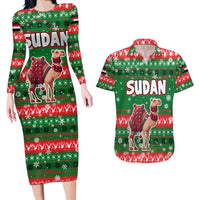Sudan Christmas Couples Matching Long Sleeve Bodycon Dress and Hawaiian Shirt with Green Red Xmas Camel Snowflake and Coat of Arms - Wonder Print Shop