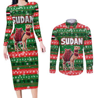 Sudan Christmas Couples Matching Long Sleeve Bodycon Dress and Long Sleeve Button Shirt with Green Red Xmas Camel Snowflake and Coat of Arms - Wonder Print Shop