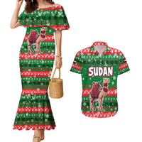 Sudan Christmas Couples Matching Mermaid Dress and Hawaiian Shirt with Green Red Xmas Camel Snowflake and Coat of Arms - Wonder Print Shop