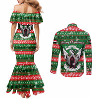 Sudan Christmas Couples Matching Mermaid Dress and Long Sleeve Button Shirt with Green Red Xmas Camel Snowflake and Coat of Arms - Wonder Print Shop