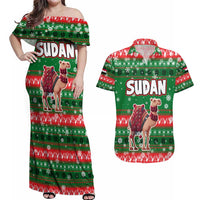 Sudan Christmas Couples Matching Off Shoulder Maxi Dress and Hawaiian Shirt with Green Red Xmas Camel Snowflake and Coat of Arms - Wonder Print Shop