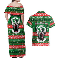 Sudan Christmas Couples Matching Off Shoulder Maxi Dress and Hawaiian Shirt with Green Red Xmas Camel Snowflake and Coat of Arms - Wonder Print Shop