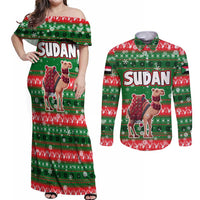 Sudan Christmas Couples Matching Off Shoulder Maxi Dress and Long Sleeve Button Shirt with Green Red Xmas Camel Snowflake and Coat of Arms - Wonder Print Shop
