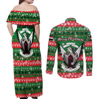 Sudan Christmas Couples Matching Off Shoulder Maxi Dress and Long Sleeve Button Shirt with Green Red Xmas Camel Snowflake and Coat of Arms - Wonder Print Shop