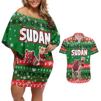 Sudan Christmas Couples Matching Off Shoulder Short Dress and Hawaiian Shirt with Green Red Xmas Camel Snowflake and Coat of Arms - Wonder Print Shop