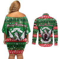 Sudan Christmas Couples Matching Off Shoulder Short Dress and Long Sleeve Button Shirt with Green Red Xmas Camel Snowflake and Coat of Arms - Wonder Print Shop
