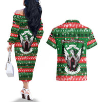Sudan Christmas Couples Matching Off The Shoulder Long Sleeve Dress and Hawaiian Shirt with Green Red Xmas Camel Snowflake and Coat of Arms - Wonder Print Shop