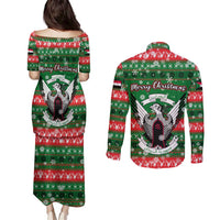 Sudan Christmas Couples Matching Puletasi and Long Sleeve Button Shirt with Green Red Xmas Camel Snowflake and Coat of Arms - Wonder Print Shop