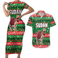 Sudan Christmas Couples Matching Short Sleeve Bodycon Dress and Hawaiian Shirt with Green Red Xmas Camel Snowflake and Coat of Arms - Wonder Print Shop