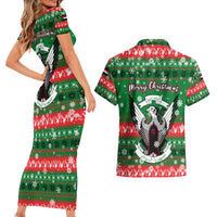 Sudan Christmas Couples Matching Short Sleeve Bodycon Dress and Hawaiian Shirt with Green Red Xmas Camel Snowflake and Coat of Arms - Wonder Print Shop