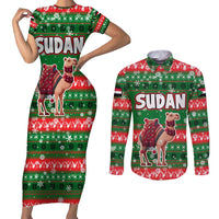 Sudan Christmas Couples Matching Short Sleeve Bodycon Dress and Long Sleeve Button Shirt with Green Red Xmas Camel Snowflake and Coat of Arms - Wonder Print Shop