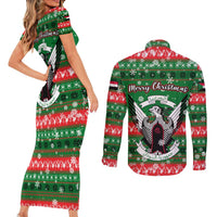 Sudan Christmas Couples Matching Short Sleeve Bodycon Dress and Long Sleeve Button Shirt with Green Red Xmas Camel Snowflake and Coat of Arms - Wonder Print Shop