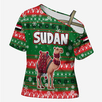 Sudan Christmas Cross Shoulder Shirt with Green Red Xmas Camel Snowflake and Coat of Arms - Wonder Print Shop