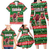 Sudan Christmas Family Matching Long Sleeve Bodycon Dress and Hawaiian Shirt with Green Red Xmas Camel Snowflake and Coat of Arms - Wonder Print Shop