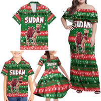 Sudan Christmas Family Matching Off Shoulder Maxi Dress and Hawaiian Shirt with Green Red Xmas Camel Snowflake and Coat of Arms - Wonder Print Shop
