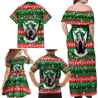 Sudan Christmas Family Matching Off Shoulder Maxi Dress and Hawaiian Shirt with Green Red Xmas Camel Snowflake and Coat of Arms - Wonder Print Shop