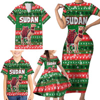Sudan Christmas Family Matching Short Sleeve Bodycon Dress and Hawaiian Shirt with Green Red Xmas Camel Snowflake and Coat of Arms - Wonder Print Shop