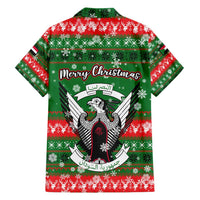 Sudan Christmas Family Matching Short Sleeve Bodycon Dress and Hawaiian Shirt with Green Red Xmas Camel Snowflake and Coat of Arms - Wonder Print Shop