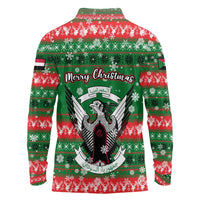 Sudan Christmas Long Sleeve Polo Shirt with Green Red Xmas Camel Snowflake and Coat of Arms - Wonder Print Shop