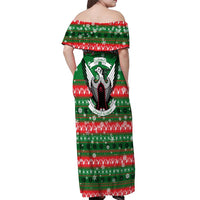 Sudan Christmas Off Shoulder Maxi Dress with Green Red Xmas Camel Snowflake and Coat of Arms - Wonder Print Shop