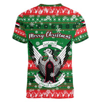 Sudan Christmas Women V-Neck T-Shirt with Green Red Xmas Camel Snowflake and Coat of Arms - Wonder Print Shop