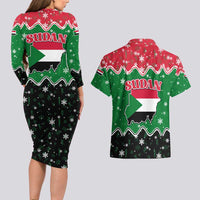 Sudan Christmas Couples Matching Long Sleeve Bodycon Dress and Hawaiian Shirt with Red Green Black Xmas Santa Sleigh and Map - Wonder Print Shop