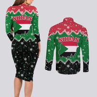 Sudan Christmas Couples Matching Long Sleeve Bodycon Dress and Long Sleeve Button Shirt with Red Green Black Xmas Santa Sleigh and Map - Wonder Print Shop