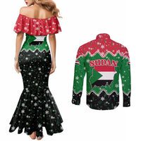 Sudan Christmas Couples Matching Mermaid Dress and Long Sleeve Button Shirt with Red Green Black Xmas Santa Sleigh and Map - Wonder Print Shop