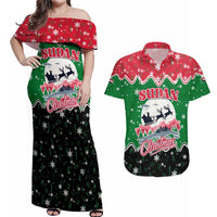 Sudan Christmas Couples Matching Off Shoulder Maxi Dress and Hawaiian Shirt with Red Green Black Xmas Santa Sleigh and Map - Wonder Print Shop