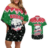 Sudan Christmas Couples Matching Off Shoulder Short Dress and Hawaiian Shirt with Red Green Black Xmas Santa Sleigh and Map - Wonder Print Shop