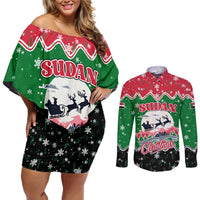 Sudan Christmas Couples Matching Off Shoulder Short Dress and Long Sleeve Button Shirt with Red Green Black Xmas Santa Sleigh and Map - Wonder Print Shop