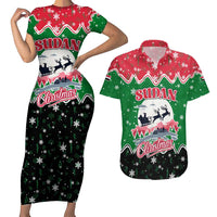 Sudan Christmas Couples Matching Short Sleeve Bodycon Dress and Hawaiian Shirt with Red Green Black Xmas Santa Sleigh and Map - Wonder Print Shop
