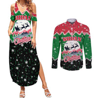 Sudan Christmas Couples Matching Summer Maxi Dress and Long Sleeve Button Shirt with Red Green Black Xmas Santa Sleigh and Map - Wonder Print Shop