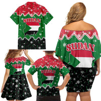 Sudan Christmas Family Matching Off Shoulder Short Dress and Hawaiian Shirt with Red Green Black Xmas Santa Sleigh and Map - Wonder Print Shop