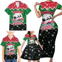 Sudan Christmas Family Matching Short Sleeve Bodycon Dress and Hawaiian Shirt with Red Green Black Xmas Santa Sleigh and Map - Wonder Print Shop