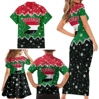 Sudan Christmas Family Matching Short Sleeve Bodycon Dress and Hawaiian Shirt with Red Green Black Xmas Santa Sleigh and Map - Wonder Print Shop