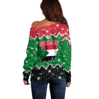 Sudan Christmas Off Shoulder Sweater with Red Green Black Xmas Santa Sleigh and Map - Wonder Print Shop
