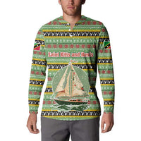 Saint Kitts and Nevis Christmas Button Sweatshirt with Green Red Black Xmas Sailboat and Map - Wonder Print Shop