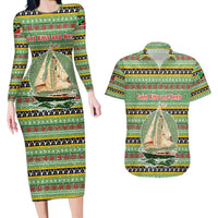 Saint Kitts and Nevis Christmas Couples Matching Long Sleeve Bodycon Dress and Hawaiian Shirt with Green Red Black Xmas Sailboat and Map - Wonder Print Shop