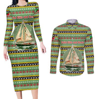 Saint Kitts and Nevis Christmas Couples Matching Long Sleeve Bodycon Dress and Long Sleeve Button Shirt with Green Red Black Xmas Sailboat and Map - Wonder Print Shop