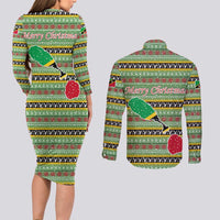 Saint Kitts and Nevis Christmas Couples Matching Long Sleeve Bodycon Dress and Long Sleeve Button Shirt with Green Red Black Xmas Sailboat and Map - Wonder Print Shop