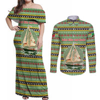 Saint Kitts and Nevis Christmas Couples Matching Off Shoulder Maxi Dress and Long Sleeve Button Shirt with Green Red Black Xmas Sailboat and Map - Wonder Print Shop
