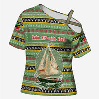 Saint Kitts and Nevis Christmas Cross Shoulder Shirt with Green Red Black Xmas Sailboat and Map - Wonder Print Shop