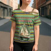 Saint Kitts and Nevis Christmas Cross Shoulder Shirt with Green Red Black Xmas Sailboat and Map - Wonder Print Shop