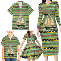 Saint Kitts and Nevis Christmas Family Matching Long Sleeve Bodycon Dress and Hawaiian Shirt with Green Red Black Xmas Sailboat and Map - Wonder Print Shop