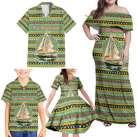 Saint Kitts and Nevis Christmas Family Matching Off Shoulder Maxi Dress and Hawaiian Shirt with Green Red Black Xmas Sailboat and Map - Wonder Print Shop