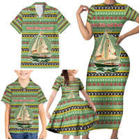 Saint Kitts and Nevis Christmas Family Matching Short Sleeve Bodycon Dress and Hawaiian Shirt with Green Red Black Xmas Sailboat and Map - Wonder Print Shop