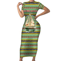 Saint Kitts and Nevis Christmas Family Matching Short Sleeve Bodycon Dress and Hawaiian Shirt with Green Red Black Xmas Sailboat and Map - Wonder Print Shop