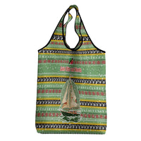Saint Kitts and Nevis Christmas Grocery Bag with Green Red Black Xmas Sailboat and Map - Wonder Print Shop