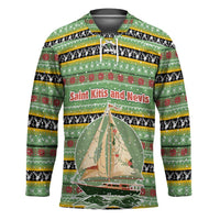 Saint Kitts and Nevis Christmas Hockey Jersey with Green Red Black Xmas Sailboat and Map - Wonder Print Shop
